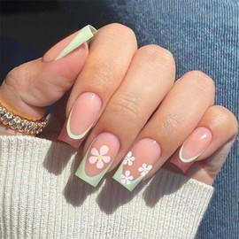 MISUD Press on Nails Long Square Fake Nails Glossy Glue on Nails Green French Tip Acrylic Nail Supplies Squoval Artificial Nail Art Summer Flower Stick on False Nails with Design DIY 24 pcs