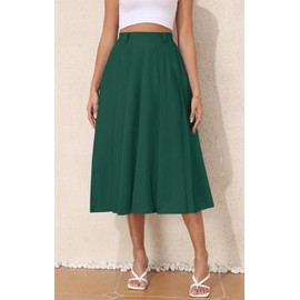 lionstill Women's Casual Skirts Summer Pleated A Line High Waist Below Knee Elegant Zipper Skirt, Dark Green M