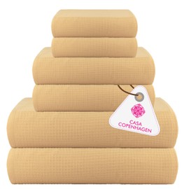 CASA COPENHAGEN Waffle Towel, 6Pieces 100% Cotton Large Towel Set- Beige, 2Bath 2Hand 2Washcloths Instant Absorb and Dry, Soft Strong Towels for Hotel Spa Kitchen Bathroom & Shower