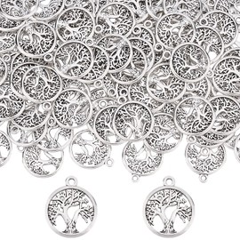 SUNNYCLUE 1 Box 100 Pcs Tree of Life Charms Bulk Tibetan Style Alloy Flat Round Pendants for Jewelry Making Charms DIY Craft Dangle Necklace Bracelet Earrings Accessories Supplies Findings