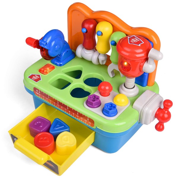 FUN LITTLE TOYS Workbench and Construction Toy Tool Kit with Sound and Music, Baby Tool Set with Shape Sorter