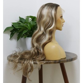 mszyhuwan Platinum Blonde Highlights Brown Ombre Body Wave Synthetic Wigs For Women HD Lace Front Wig Heat Resistant Fibers Long Wavy Curly Hair Replacement Unit Pre Plucked 24 Inch