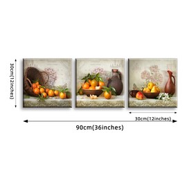 Fruits Stretched Canvas Wall Art for Kitchen Dining Room, Oranges in Basket Pears in Bowl Retro Vintage Picture Print Painting Decor Artwork, Gallery Wrapped Gift, Inner Frame (12x12 Inches x3p)