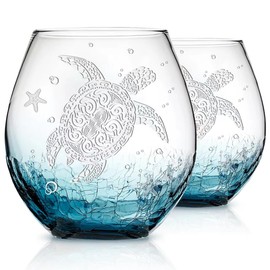 Physkoa Sea Turtle Gifts for Women-13.5oz Sea Turtle Wine Glasses set of 2 - Crackle teal design turtle wine glasses-Hand blown Stemless Wine Glass -Sea lovers Gifts for Birthday