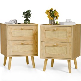 Infurni Rattan Nightstand, Wood NightStand, Dresser for Bedroom, Side Table with 2 Hand Made Rattan Decorated Drawers, Beside Table with Storage for Bedroom, Dorm and Small Space, 2 Pack