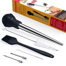 MEWMET Turkey Baster, Stainless Steel Baster for Cooking with Marinade Injectors Syringe, Basting Brush, Thick Cleaning Brush & Thin Cleaning Brush