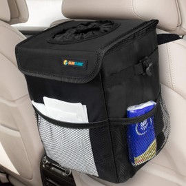 SUN CUBE Waterproof Car Trash Can with Lid, Mesh Pockets | Leakproof Car Garbage Can Hanging | Auto Trash Bin, Garbage Bag Organizer for Headrest, Console, Truck (Black)