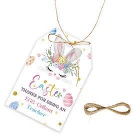 50pcs Easter Thank You Tags, Easter Egg Gift Tag with String for Easter Party, Rabbit Thank You Paper Tags for Easter Party Favors