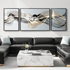 Extra Large Framed Modern Abstract Wall Art for Living Room, 3 Piece Minimalist Black White Prints Wall Paintings Artwork for Walls, Black Gold Luxury Wall Pictures for Hallway Office Wall Decor 30x80 Inch