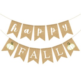 Cmaone Happy Fall Burlap Banner White Pumpkin Garland Harvest Home Decor Bunting Flag Party Fireplace Thanksgiving Day Decoration