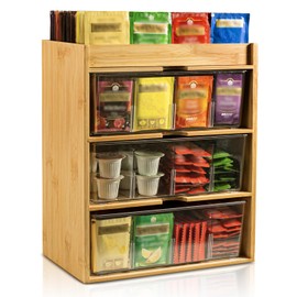 TIMIEEYA Tea Bag Organizer - Bamboo Tea Storage With Drawer 3 Layer, Organizer for Tea Bags Natural Wood & Acrylic for Countertop Office Kitchen Cabinet Pantry