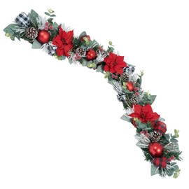 5 ft Christmas Garland for Mantle Unlit Garland for Stairs Railing, Banister, Staircase, Fireplace, for Table No Light, Garland Decor Frosted Red Poinsettia Holiday Tree (Glittery Red Poinsettia)