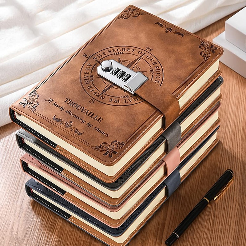 WANLIAN Nautical Pattern Brown Leather Lockable Journal with Pen Pocket