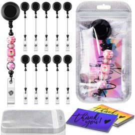 Tondiamo 10 Sets Beadable Badge Reel Set Retractable Clips Holder for Beads 10 ID Name Beaded Badge Reel 10 Resealable Pouch Bag 10 Thank You Cards for Jewelry DIY Gift Craft Making(Black)