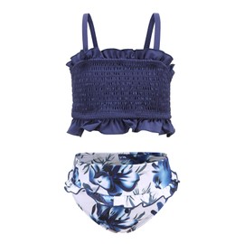 Aisyee Girls Two Piece Bikini Swimsuits Smocked Bathing Suit Kids Hawaiian Floral Swimwear Navy Blue Size 12/10-12