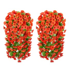 Artificial Fake Fall Hanging Plants Flowers for Outdoor Outside, 2 PCS Faux Silk Orange Morning Glory Trailing Vines Look Real UV Resistant for Autumn Porch Planter Patio Decor
