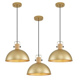 ALAISLYC 12 Inch Gold Pendant Lights Hammered Matte Pendant Lights for Kitchen Island Industrial Farmhouse Adjustable Height Dome Hanging Light Fixtures for Barn, Dining Room 3 Packs