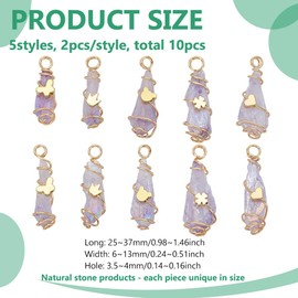 FINGERINSPIRE 10pcs Copper Wire Wrapped Natural Crystal Stone Charms 5 Styles Natural Quartz Crystal Pendant with Brass Decor Beads 18K Gold Electroplated Irregularly Quartz Crystals Pendants