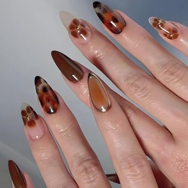 Press on Nails Almond Short Coffee gradient diamond studded Fake Nails Brown leopard Print Medium Glue on Nail Western Style False Nail Flowers Glossy Full Cover Stick on Nails for Women Manicure