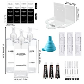 Roselee Soap Dispenser Wall Mounting Set, Soap Dispenser Shower No Drilling 500 ml Soap Dispenser Wall Mounted Transparent Shampoo Dispenser with Funnel and Waterproof Labels for Kitchen Bathroom