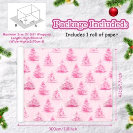 Geluode Christmas Tree Wrapping Paper Rolls,Xmas Pink Gift Wrap Paper Mini Roll 17in X 9.8ft,Cute Aesthetic Christmas Wrapping Paper Roll For Merry Christmas New Year Winter Party