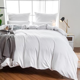 Amolavet Hotel Duvet Cover Set Queen Size White Pin Striped with Zipper Closer - Comforter Cover Queen Size 3 Pcs Set 90x90 Inches (1 Duvet Cover & 2 Pillow Shams) - Queen Quilt Cover Set