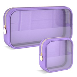 Adorila Clear Makeup Bag Set of 2, TSA Approved Waterproof Travel Cosmetic Bag, PVC Nylon Portable Makeup Organizer Bags for Women (Purple), Purple