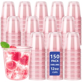 Xuelimei 12oz Disposable Stemless Glasses,PET Disposable Drinking Cups,Cold Party Clear Plastic Wine Glasses for Parties Birthday,Wedding,Meeting,Christmas Party Supplies. (150, Pink)