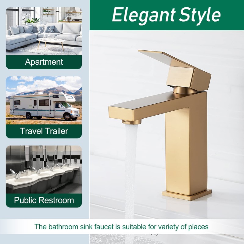 VOTON Brushed Gold Bathroom Faucet, Modern Bathroom Faucet 1 Hole,