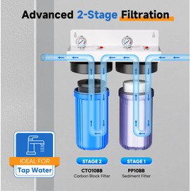 PUREPLUS 2-Stage Whole House Water Filtration System, 10" Universal Clear Housing, with Sediment, Carbon Block Filter, Reduce Chlorine, Taste, Odor, Includes Pressure Gauges, 1" Inlet/Outlet