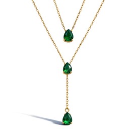 Layered Necklace for Women Green Red Blue Pink Teardrop Long Gold Double Layer Y Lariat Necklace with Crystal Emerald Ruby Pendant Statement Dainty Elegant Trendy Birthday Jewelry Accessories Gift