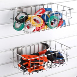 Hicarer 4Pcs Metal Slatwall Baskets and Bins Set Hanging Storage Baskets for PVC Slatwall Mounted Accessories Storage Display on Garage Panels(12.5x6.5x4,Silver)