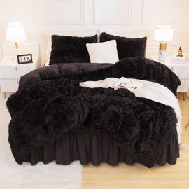 Andency Faux Fur Black Comforter Queen, 3 Pieces Fluffy Fuzzy Plush Bedding Comforter Set (1 Shaggy Velvet Comforter & 2 Pillowcases), Soft Puffy Comfy Down Alternative Comforter Bedding Set