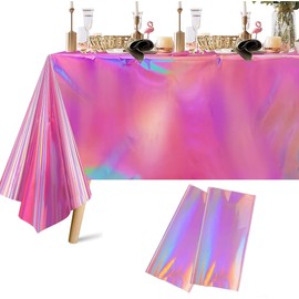YUEHNEOM 2 Pack Iridescent Plastic Tablecloths Shiny Laser Rectangle Table Covers Holographic Foil Tablecloth Birthday Party Girl Princess Decoration Bridal Wedding, 54 x 108 Inch - Pink