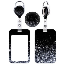 Glitter Silver ID Badge Holder with Retractable Reel Clip, Cool Galaxy Badge Card Keycard Protector Hard Vertical, Heavy Duty Keychain for Name Badge Clip Office Work Nurse Student Teacher Women Men