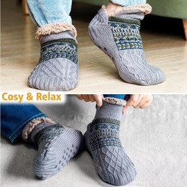Mulor Slippers Socks Men & Women Fluffy Hut Socks Winter Warm Non-Slip Stopper Socks with Wool 1 Pair, 02 Grey