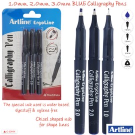 ARTLINE Ergoline Calligraphy Pens Sharp Line (3 x 1.0 2.0 3.0mm Chisel Tip BLUE Pens + 1 x ZOFAX Ball BLACK Pen)