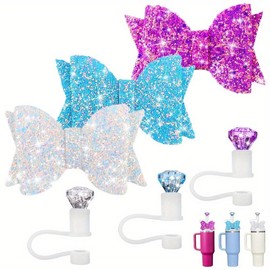 3 sets 3.5 inch Bow Ties and Diamond Straw Topper for Cup (PINK/BLUE/WHITE) Beauty & Personal Care