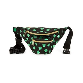 Tipsy Elves St Patrick's Day Fanny Pack - Large Unisex Zipper Pocket Travel Bag - Adjustable Strap Belt Bag Men Women, Metallic Clover (Black), One Size, Metallic Clover