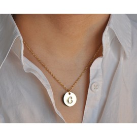 HUAN XUN Stainless Steel Stamped Script Disc Initial Pendant Necklace C