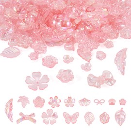 Cheriswelry Assorted Acrylic Charm Beads Flower Bow Leaf Kandi Beads Pearl Pink Loose Spacer Beads for Sea Ocean Crafts DIY Bracelet Cell Phone Charms Jewelry Making Supplies