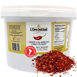 100% Certified Dry Calabrian Chili Red Pepper Flakes, 1 KG (2.2 lbs), Crushed Pepper Flakes,Origin Guaranteed, Tubs, 1 Kg, L'Oro Del Sud, Product of Italy