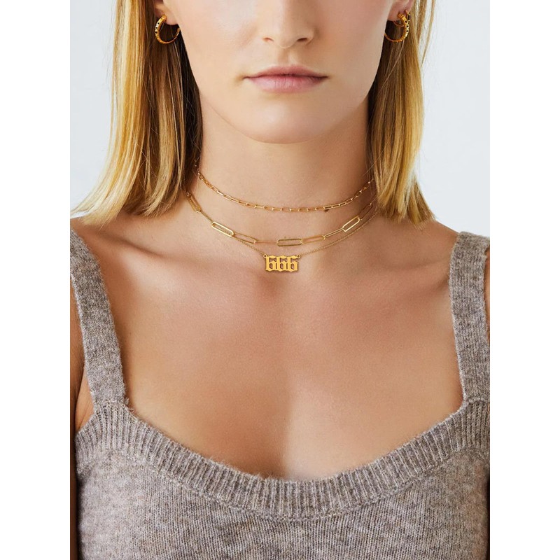 Layered Gold Necklaces for Women Angel Number 666 Choker Paperclip
