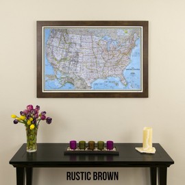 Classic US Push Pin Travel Map with Rustic Brown Frame and Pins - 27.5 inches x 39.5 inches
