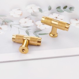 Pexintek 6 Pack Drawer Knobs Gold Modern Solid T Bar Cabinet Knobs Furniture Handles Kitchen Drawer Handles Vintage Knobs for Kitchen Cupboards, Chest of Drawers (Golden Brushed)