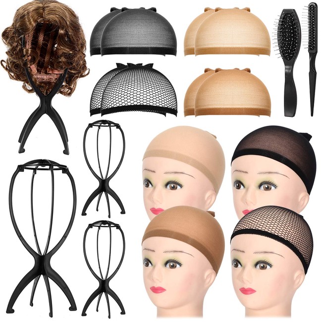 14 Pieces Wig Stand Set, Includes 4 Wig Stand Portable Wig Holder Collapsible Wig Dryer, 6 Nylon Wig Caps Stocking Wig Caps, 2 Mesh Wig Caps and 2 Wig Brush Comb for Short Wigs and Hats