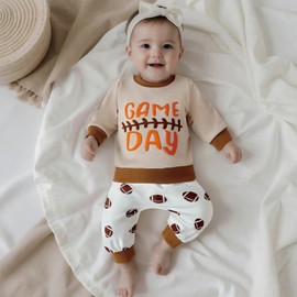 LIOMENGZI Toddler Baby Boy Fall Outfits Funny Print Clothes Set 6 12 18 24 Months Sweatshirt pant set Infant Clothes 2T 3T (Beige Football, 0-6 Months)