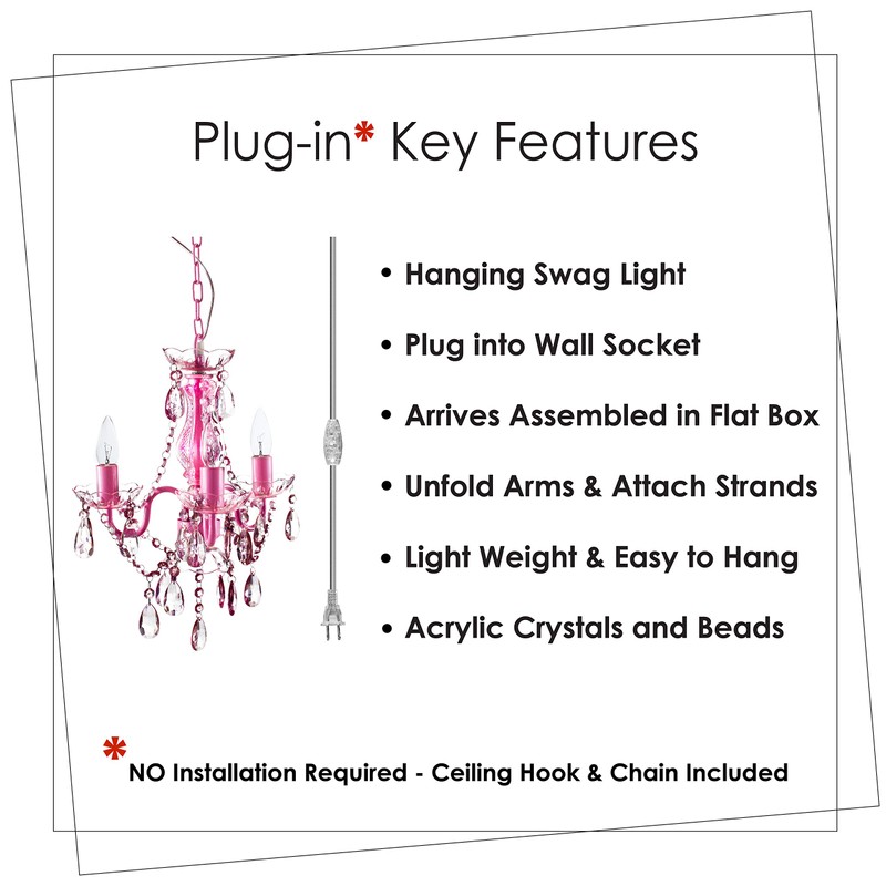 The Original Gypsy 3-Light Plug-in Crystal Swag Chandelier, Pink