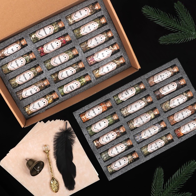30 Pack Witchcraft Supplies Herbs, Dried Herbs and Flowers Bottles