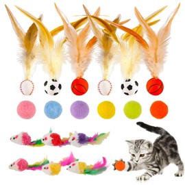 chenyu Cat Toy Set 18 Pieces with Feathered Bouncing Cat Toy Ball Mice Bright Coloured Suitable for Cats to Play Indoor and Outdoor